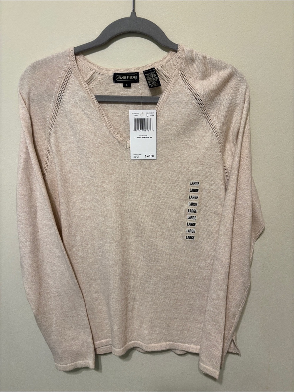 NWT-JEANNE PIERRE Women’s  V-Neck Sweater - Light Beige heather size Large